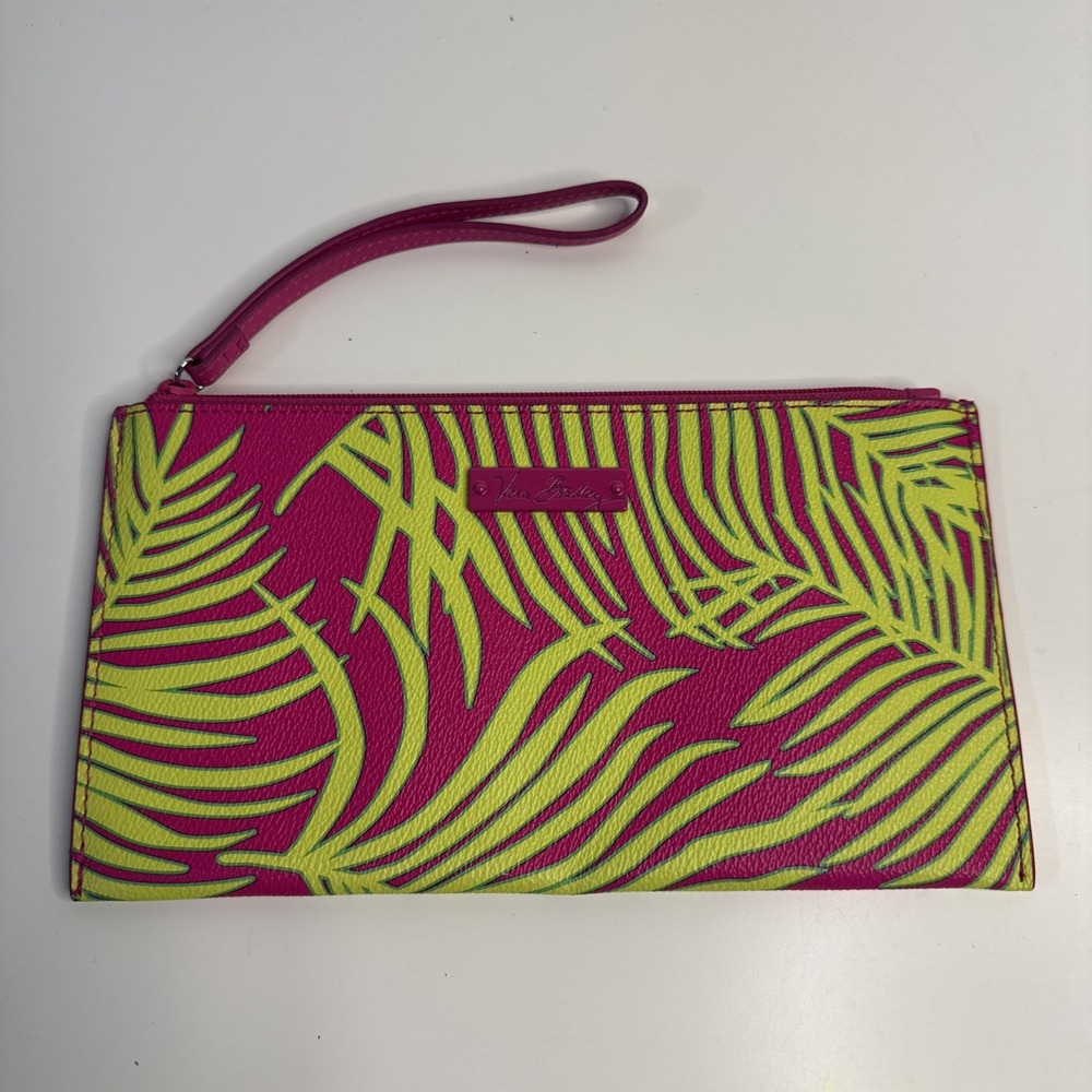 Vera Bradley Pink & Neon Green Palm Fronds Faux Leather Wristlet Clutch Bag 9x5"